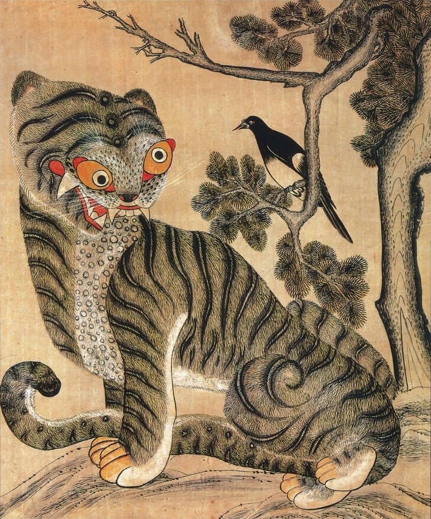 Tiger and Magpie (Hojakdo), Joseon period, unknown artist, private collection, via Wikimedia Commons.